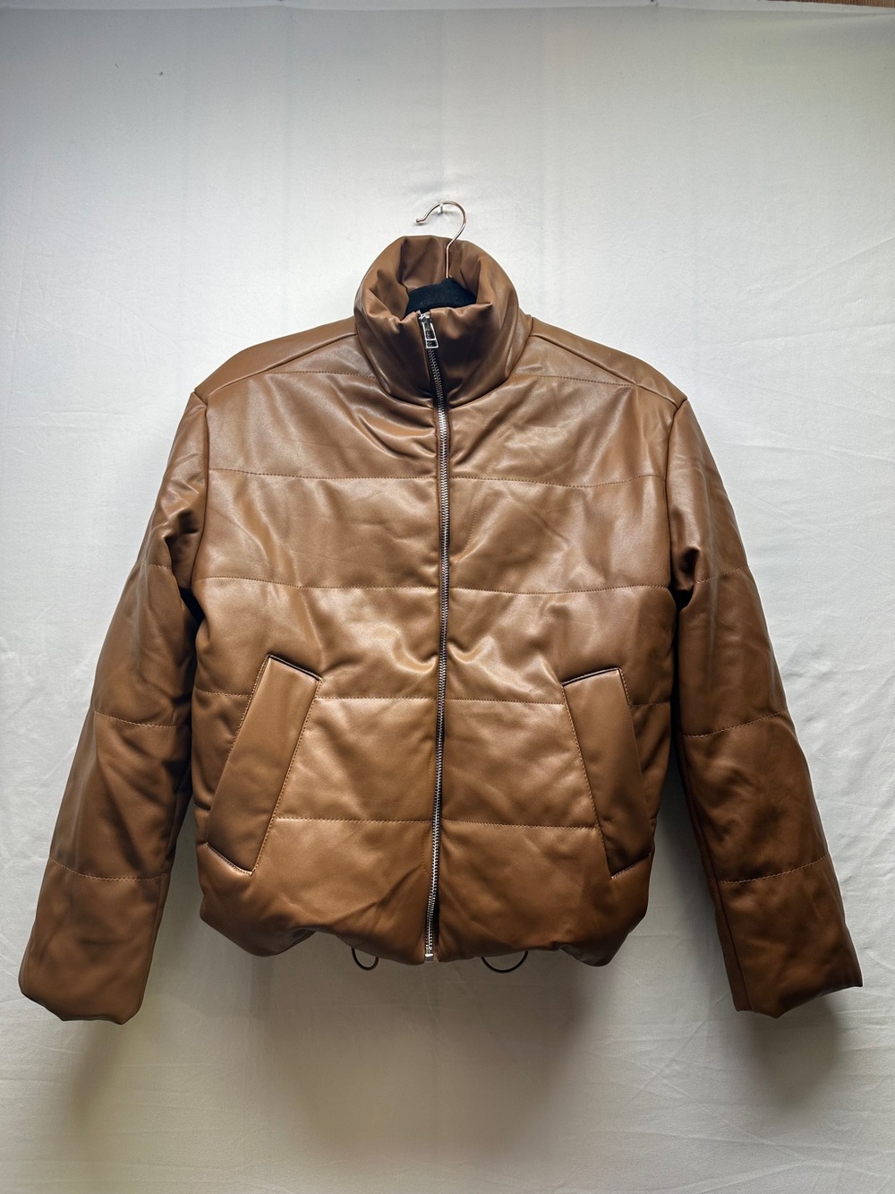 Stoosh Tan Brown Funnel Neck Leather Puffer Jacket